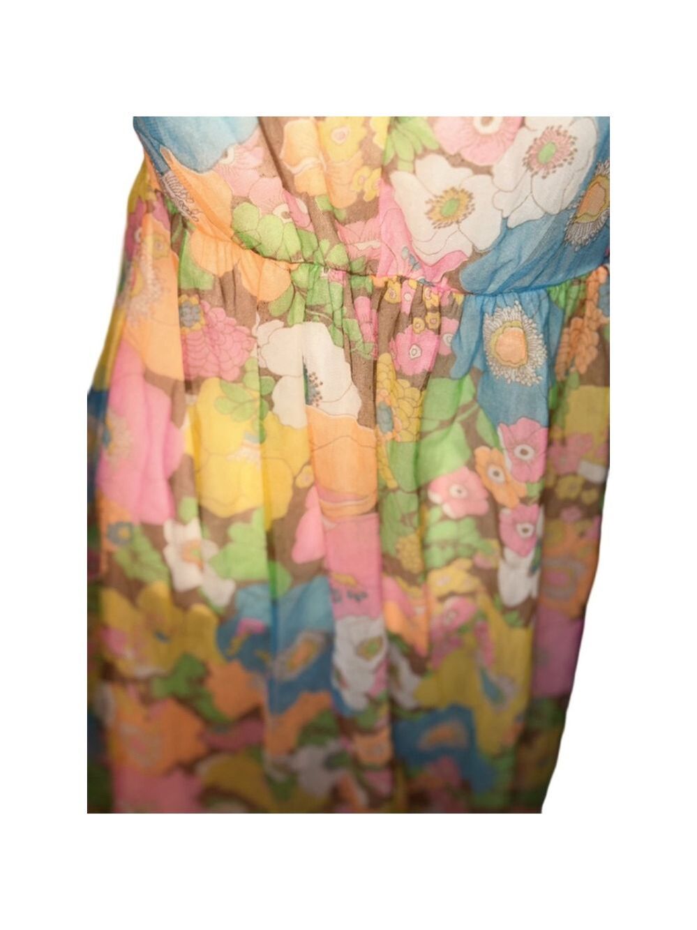 Vintage 1960s to 1970s floral chiffon maxi dress deep v- front. 100% nylon USA  - Picture 9 of 13